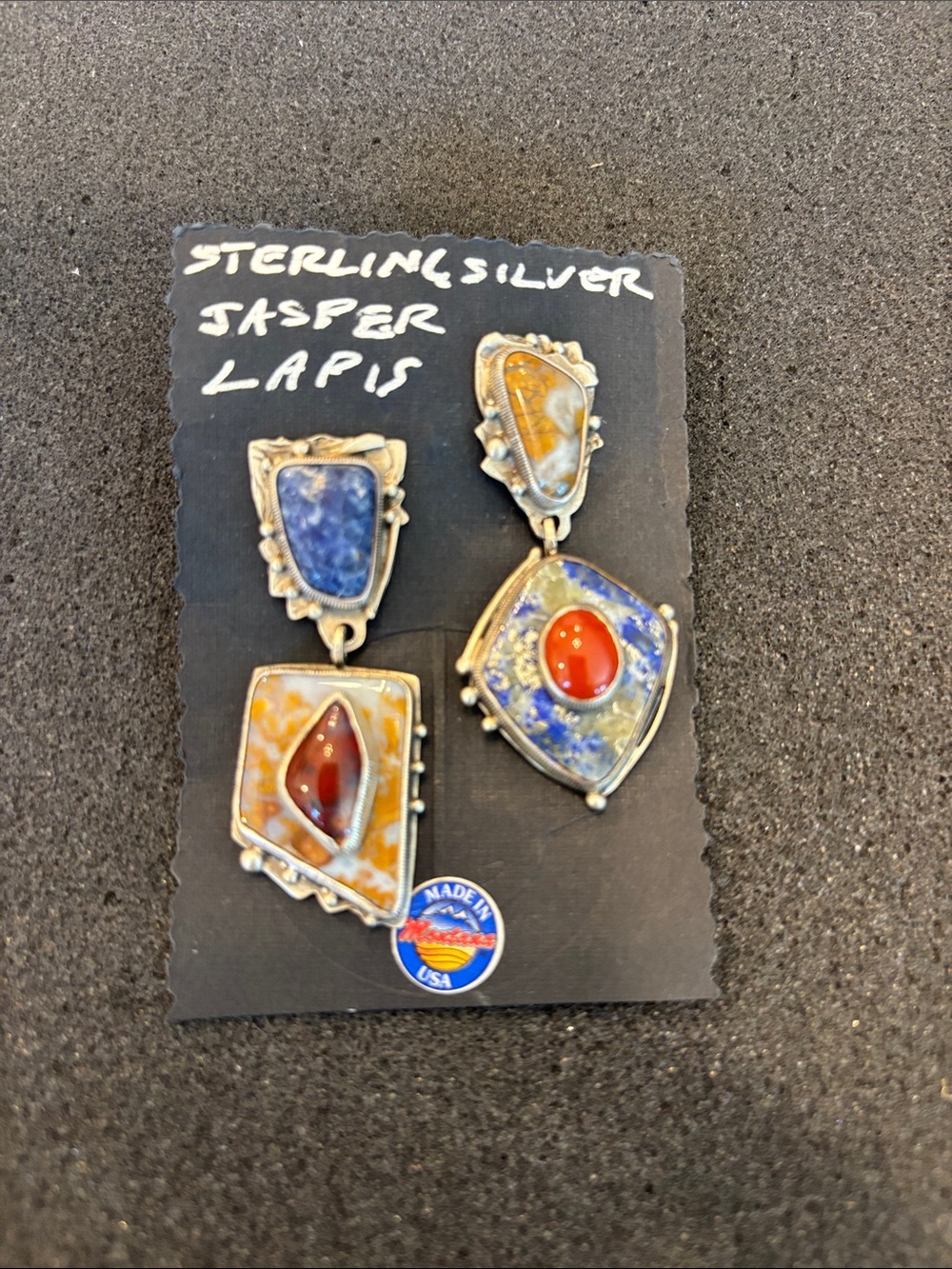 Sterling Silver Lapis & Jasper Drop Earrings with Red-Orange Cabochons